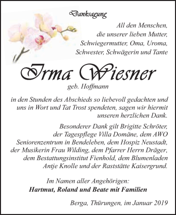 Traueranzeige von Irma Wiesner von Super Sonntag SGH Mansf. Land