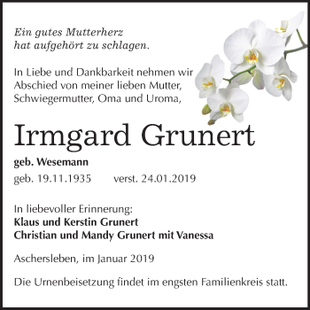 Traueranzeige von Irmgard Grunert von Mitteldeutsche Zeitung Aschersleben