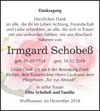 Traueranzeige von Irmgard Schobeß von Mitteldeutsche Zeitung Sangerhausen