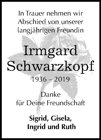 Traueranzeige von Irmgard Schwarzkopf von Mitteldeutsche Zeitung Dessau-Roßlau