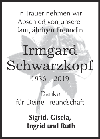 Traueranzeige von Irmgard Schwarzkopf von WVG - Wochenspiegel Dessau / Köthen