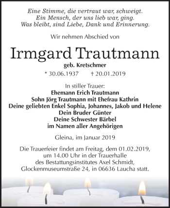 Traueranzeige von Irmgard Trautmann von Mitteldeutsche Zeitung