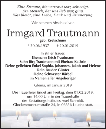 Traueranzeige von Irmgard Trautmann von WVG - Wochenspiegel NMB / WSF / ZTZ