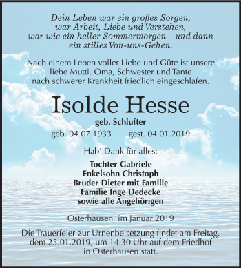 Traueranzeige von Isolde Hesse von Mitteldeutsche Zeitung