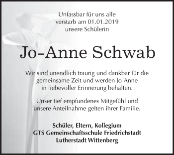 Traueranzeige von Jo-Anne Schwab von WVG - Wochenspiegel Wittenberg