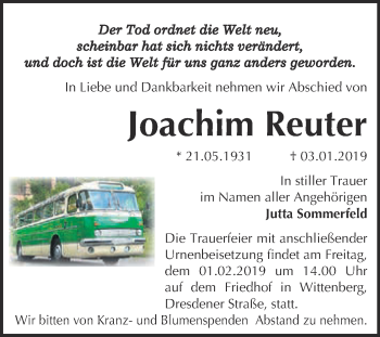 Traueranzeige von Joachim Reuter von WVG - Wochenspiegel Wittenberg