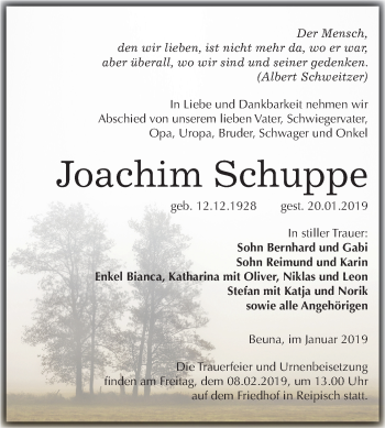 Traueranzeige von Joachim Schuppe von Mitteldeutsche Zeitung Merseburg/Querfurt
