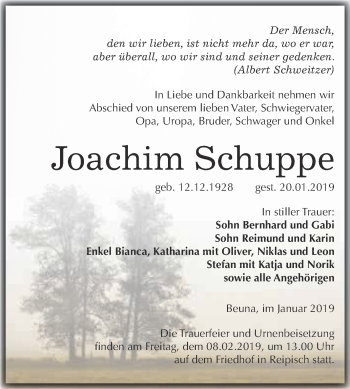 Traueranzeige von Joachim Schuppe von WVG - Wochenspiegel Merseburg