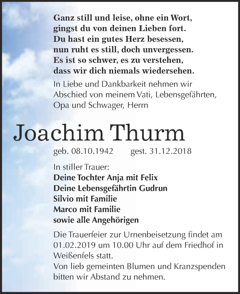  Traueranzeige für Joachim Thurm vom 14.01.2019 aus WVG - Wochenspiegel NMB / WSF / ZTZ