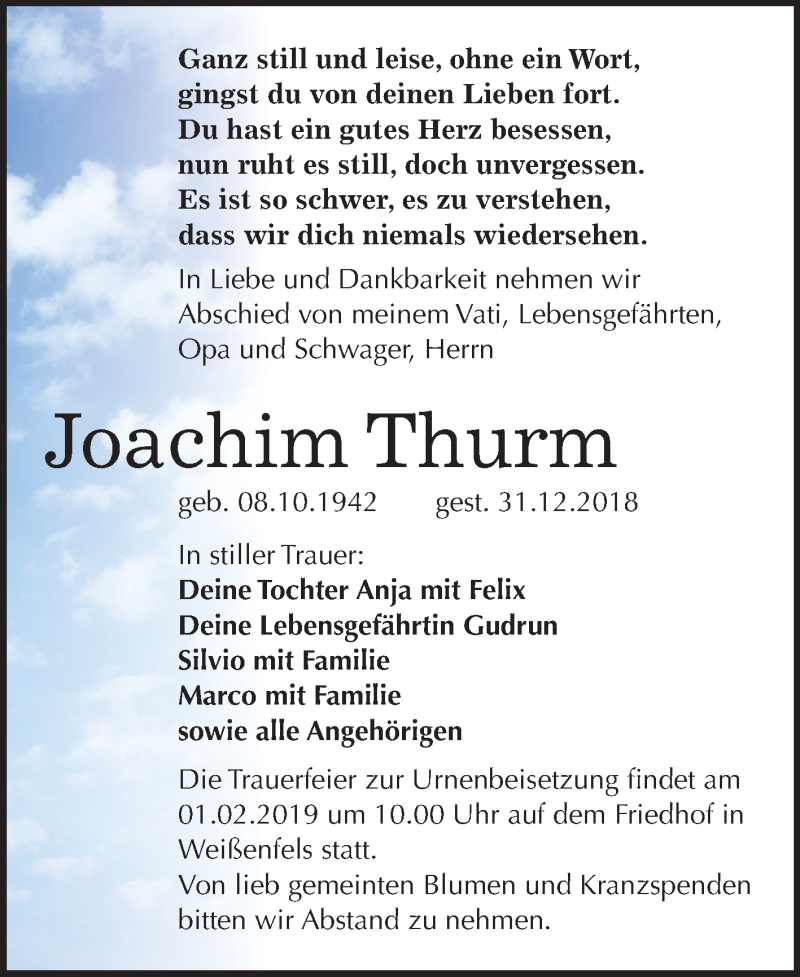  Traueranzeige für Joachim Thurm vom 19.01.2019 aus Mitteldeutsche Zeitung Weißenfels