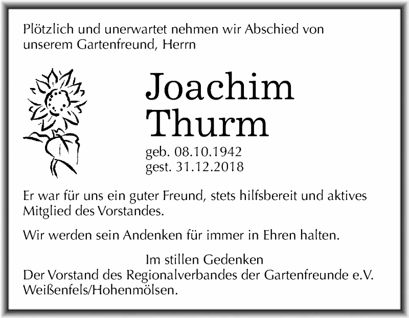  Traueranzeige für Joachim Thurm vom 30.01.2019 aus WVG - Wochenspiegel NMB / WSF / ZTZ