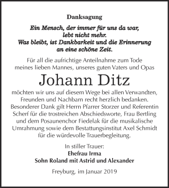 Traueranzeige von Johann Ditz von WVG - Wochenspiegel NMB / WSF / ZTZ