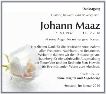 Traueranzeige von Johann Maaz von Super Sonntag SGH Mansf. Land