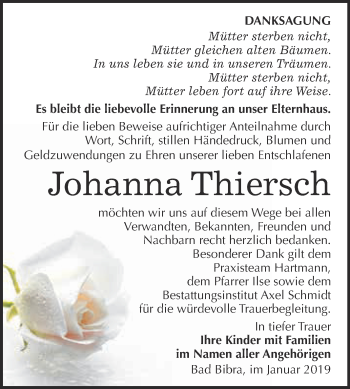 Traueranzeige von Johanna Thiersch von WVG - Wochenspiegel NMB / WSF / ZTZ