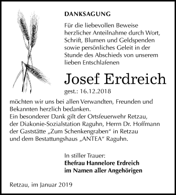 Traueranzeige von Josef Erdreich von Mitteldeutsche Zeitung Bitterfeld