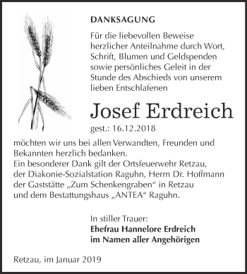 Traueranzeige von Josef Erdreich von WVG - Wochenspiegel Bitterfeld