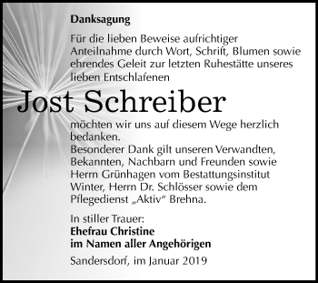 Traueranzeige von Jost Schreiber von Mitteldeutsche Zeitung Bitterfeld