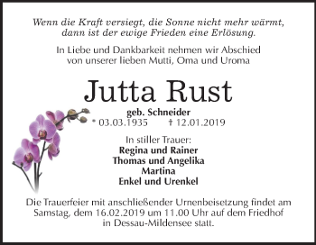 Traueranzeige von Jutta Rust von Mitteldeutsche Zeitung