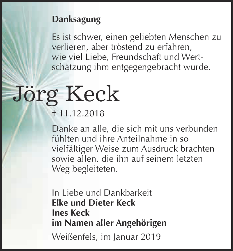  Traueranzeige für Jörg Keck vom 21.01.2019 aus WVG - Wochenspiegel NMB / WSF / ZTZ