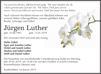 Traueranzeige von Jürgen Luther von Super Sonntag SGH Mansf. Land