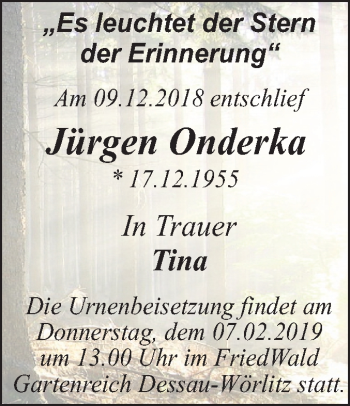 Traueranzeige von Jürgen Onderka von Mitteldeutsche Zeitung Dessau-Roßlau