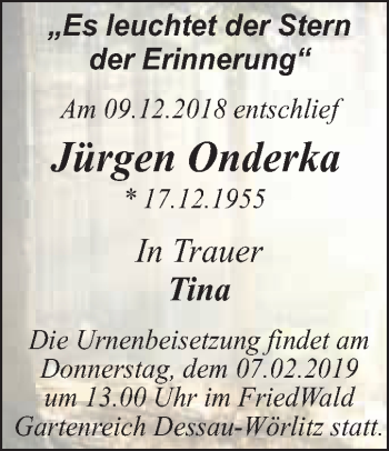 Traueranzeige von Jürgen Onderka von WVG - Wochenspiegel Dessau / Köthen