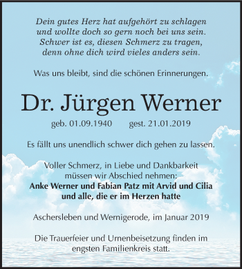 Traueranzeige von Jürgen Werner von Mitteldeutsche Zeitung Aschersleben