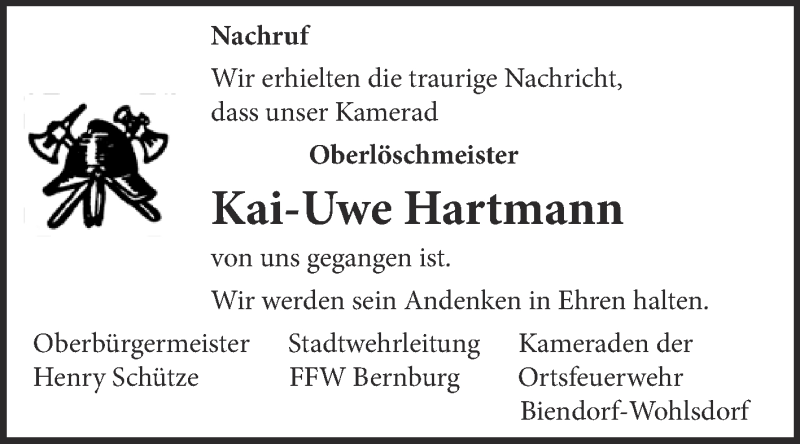  Traueranzeige für Kai-Uwe Hartmann vom 19.01.2019 aus Super Sonntag Bernburg