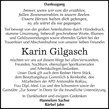 Traueranzeige von Karin Gilgasch von Mitteldeutsche Zeitung Dessau-Roßlau