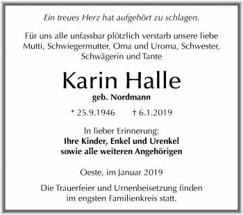 Traueranzeige von Karin Halle von Wochenspiegel Mansfelder Land