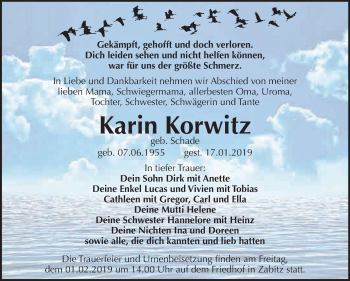 Traueranzeige von Karin Korwitz von WVG - Wochenspiegel Dessau / Köthen