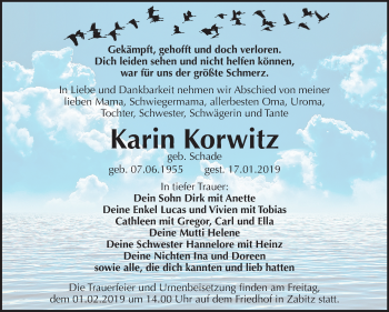 Traueranzeige von Karin Korwitz von Mitteldeutsche Zeitung Köthen