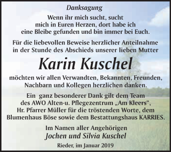 Traueranzeige von Karin Kuschel von WVG - Wochenspiegel Quedlinburg