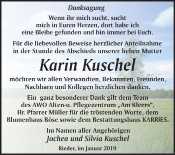 Traueranzeige von Karin Kuschel von Mitteldeutsche Zeitung Quedlinburg
