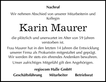 Traueranzeige von Karin Maurer von Mitteldeutsche Zeitung Halle/Saalkreis