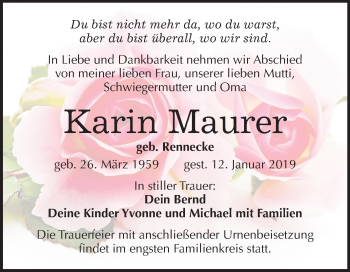 Traueranzeige von Karin Maurer von Mitteldeutsche Zeitung Halle/Saalkreis