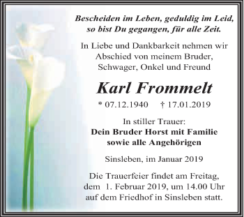 Traueranzeige von Karl Frommelt von Super Sonntag Aschersleben