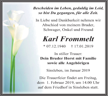 Traueranzeige von Karl Frommelt von Mitteldeutsche Zeitung Quedlinburg