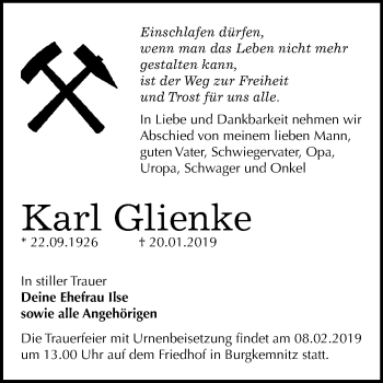 Traueranzeige von Karl Glienke von Mitteldeutsche Zeitung Bitterfeld