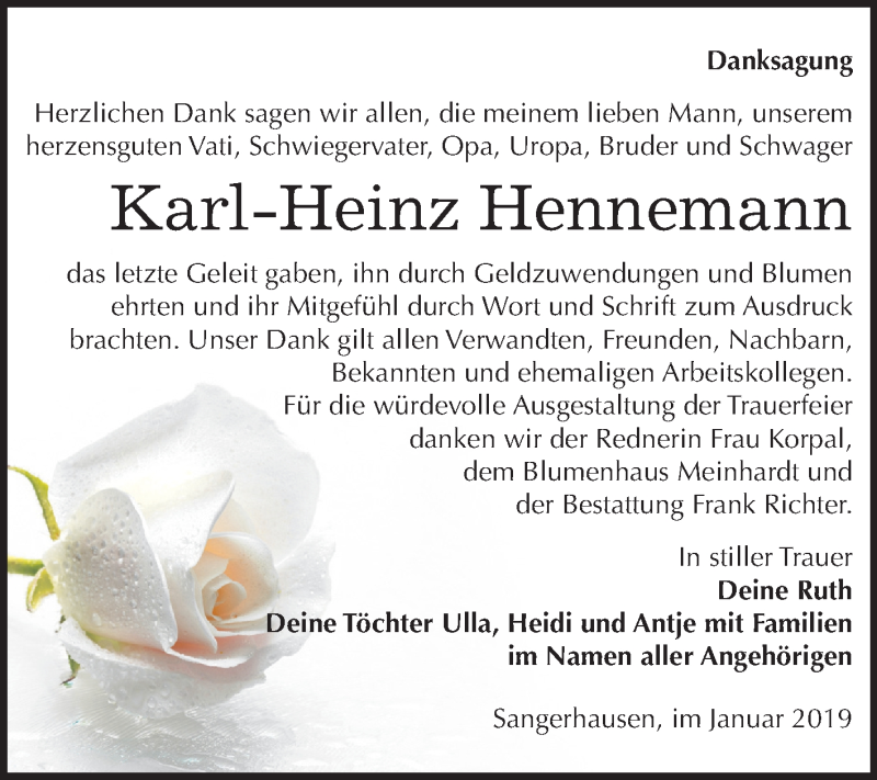  Traueranzeige für Karl-Heinz Hennemann vom 19.01.2019 aus Mitteldeutsche Zeitung