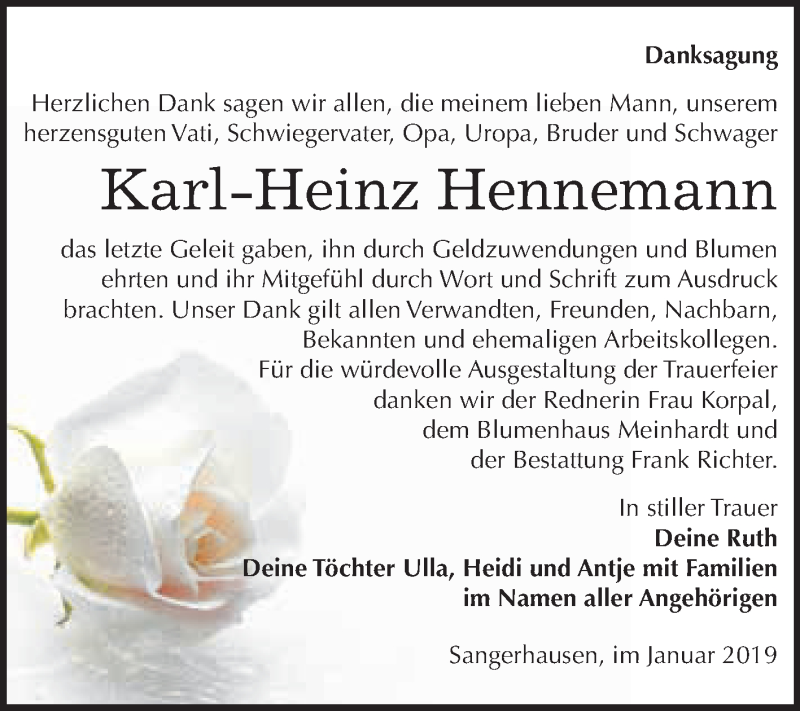  Traueranzeige für Karl-Heinz Hennemann vom 19.01.2019 aus Super Sonntag SGH Mansf. Land