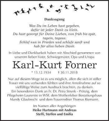 Traueranzeige von Karl-Kurt Forner von WVG - Wochenspiegel NMB / WSF / ZTZ