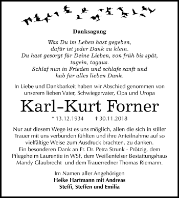 Traueranzeige von Karl-Kurt Forner von Mitteldeutsche Zeitung Weißenfels
