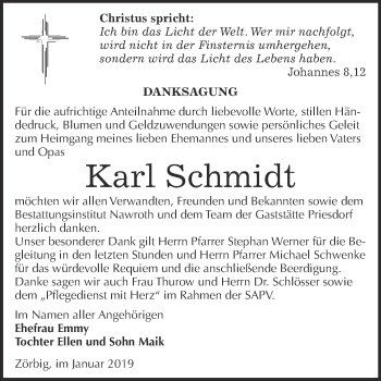 Traueranzeige von Karl Schmidt von WVG - Wochenspiegel Bitterfeld