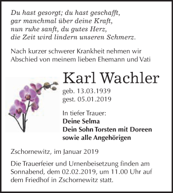 Traueranzeige von Karl Wachler von WVG - Wochenspiegel Wittenberg