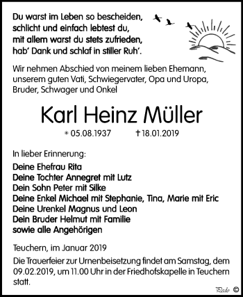 Traueranzeige von Karl Heinz Müller von Mitteldeutsche Zeitung Weißenfels