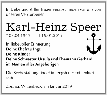 Traueranzeige von Karl Heinz Speer von WVG - Wochenspiegel NMB / WSF / ZTZ