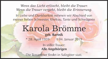 Traueranzeige von Karola Brömme von Super Sonntag Quedlinburg