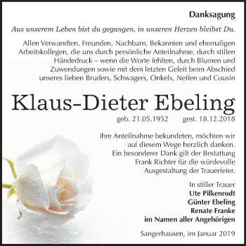 Traueranzeige von Klaus-Dieter Ebeling von Super Sonntag SGH Mansf. Land