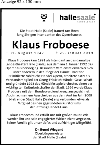 Traueranzeige von Klaus Froboese von Mitteldeutsche Zeitung Halle/Saalkreis